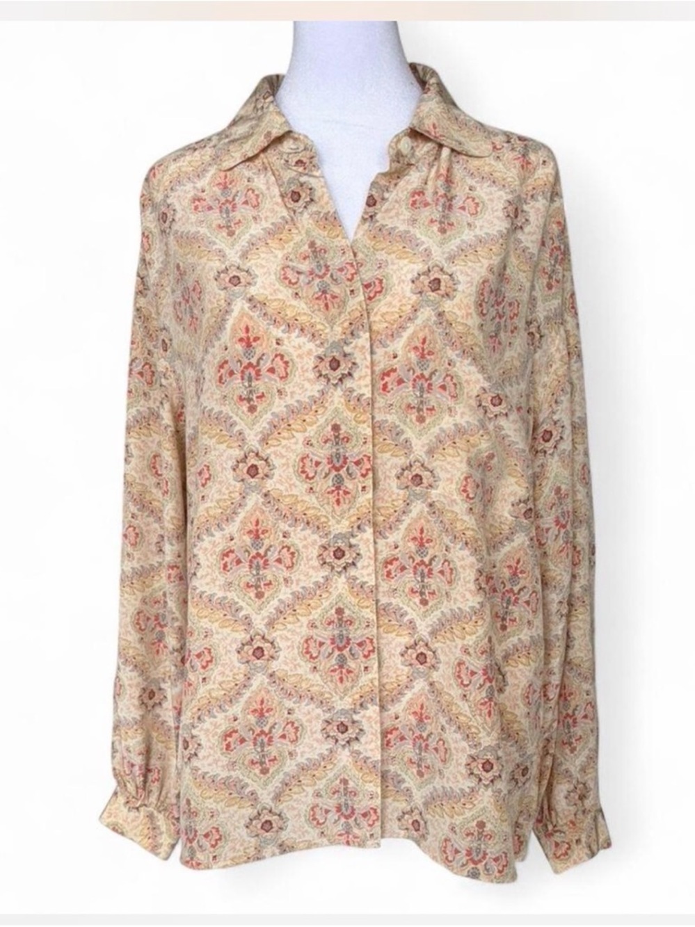 Vintage Liz Claiborne Cream and Pink Floral Medallion 100% Silk Blouse - Picture 1 of 6